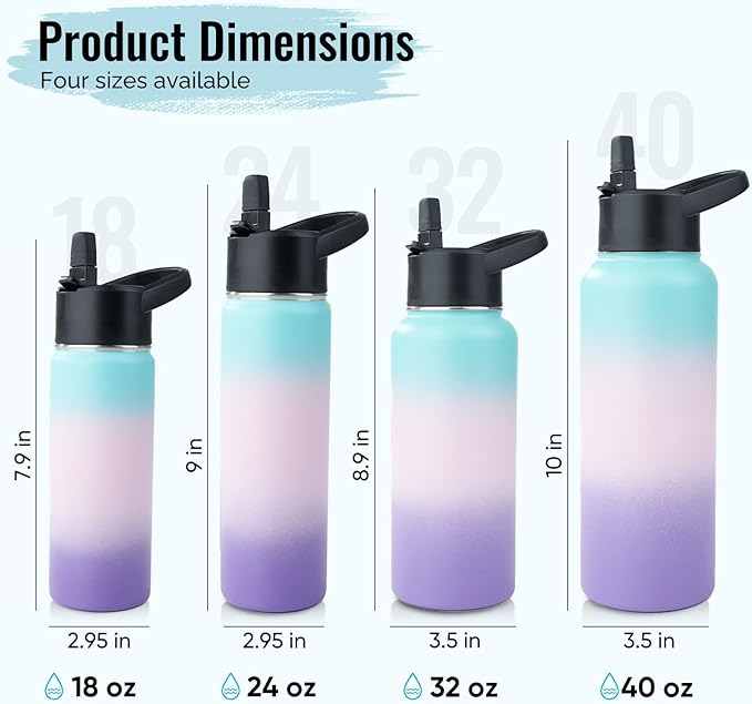 Stainless Steel Water bottle with Straw & Wide Mouth Lid, Wide Rotating Handle, 40oz Double Wall Vacuum Insulated Water Bottle Leak Proof, BPA Free, Keep Cold and Hot, 40oz, Purple Gradient