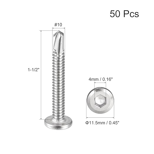 uxcell Hex Socket Self Tapping Screws, #10 x 1-1/2" 410 Stainless Steel Sheet Metal Flat Head Drilling Screw 50pcs, Silver