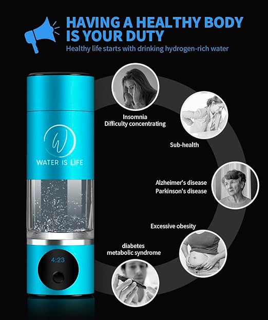 Premium Waterproof Hydrogen Water Ionizer Bottle with LED Light, Magnetic Charging Port, 6000 ppb Hydrogen Content, SPE Electrolysis Technology, Bottom Vent to Discharge Gases. (Grey)