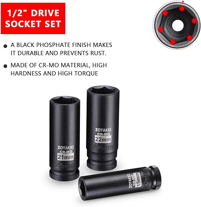 1/2" Drive Deep 6-Point Impact Socket Set, 5-Piece Standard SAE Spindle Axle Nut Impact Socket Set, Cr-Mo,6 Point (15-17-19-21-22mm) Size,Wheel Lug Nuts Socket