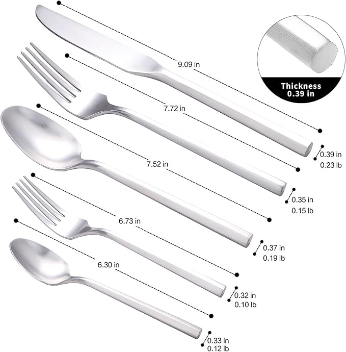 Matte Silverware Set Silver Flatware Set with Hexagon Handle 20 Pieces 18/0 Stainless Steel Cutlery Set Wedding Housewarming Gift Service for 4 (Matt silver)