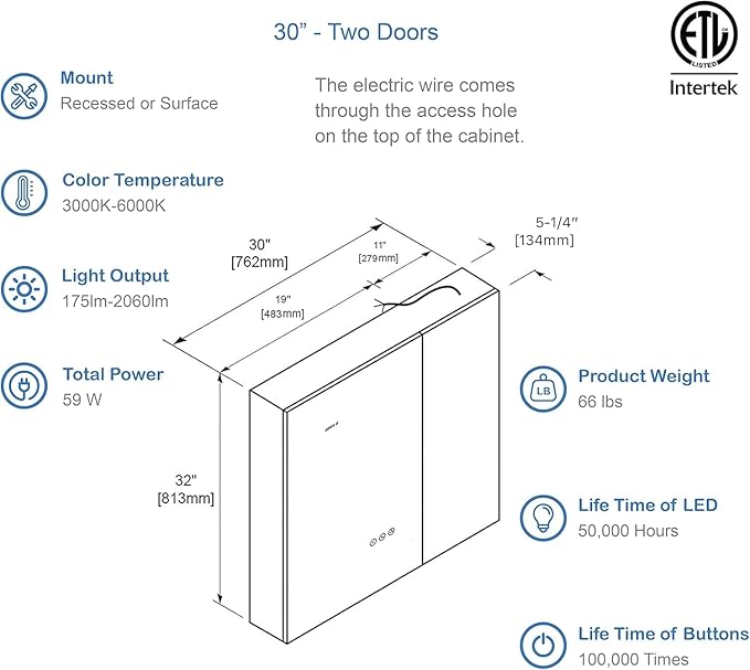 Blossom LED Lighted Mirror Medicine Cabinet, 30x32 Inch | Recessed or Surface Bathroom LED Medicine Cabinet with Mirror, Defogger, 3 Color Dimmer | 3X Makeup Mirror, Outlets & USB Ports