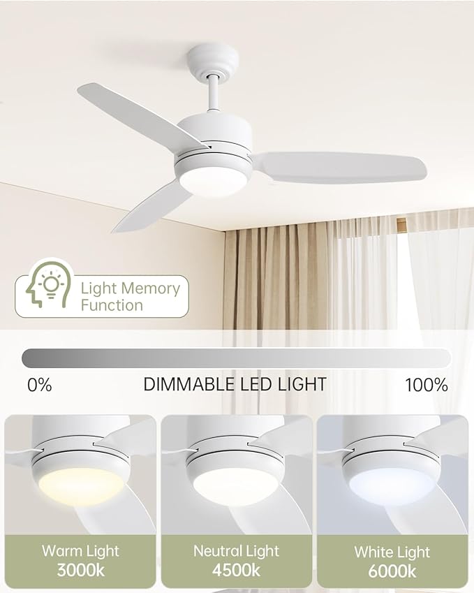 CACI Mall White 46 inch Ceiling Fans with Lights and Remote, Fush Mount low Profile Ceiling Fan, Modern,3 Blade,6 Speed DC Motor,Quiet,Small Ceiling Fan for Bedroom Indoor/Outdoor Use