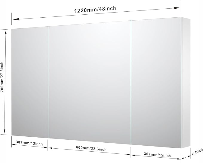 Sunrosa Aluminum Bathroom Medicine Cabinet with Mirror Door, 48" x 27.5", 3-Door Wall-Mounted & Recessed Bathroom Medicine Cabinet Organizer