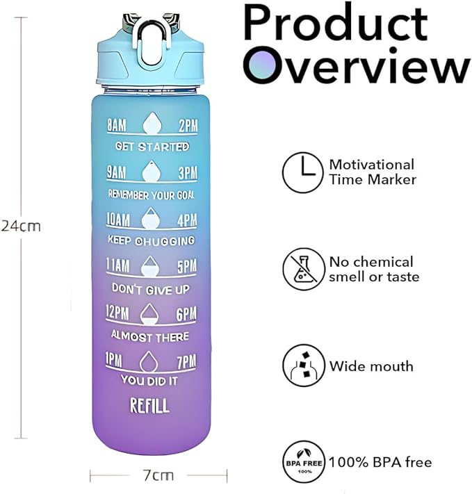Generic Drinking Water Bottles Fitness Sports With Time Marker, 900 ml, Multiple Colors, Motivational Drinking Bottles (Blue+Purple), XH-2081