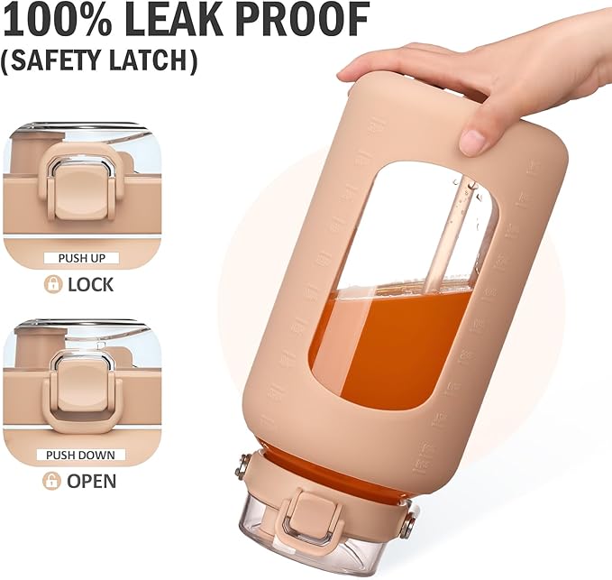 84oz Glass Water Bottle with Stainless Steel Handle,2.4L Gallon Water Bottle With 2-IN-1 Straw Lid, Silicone Sleeve and Motivational Capacity Marker, Wide Mouth Water Jug For Gym, Workout, Amber