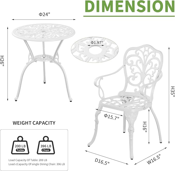 Patio Bistro Set 3 Piece Cast Aluminum Outdoor Bistro Set, Rust Resistance Bistro Table and Chairs of 2 with Umbrella Hole, Small Patio Set for Garden Outside, White