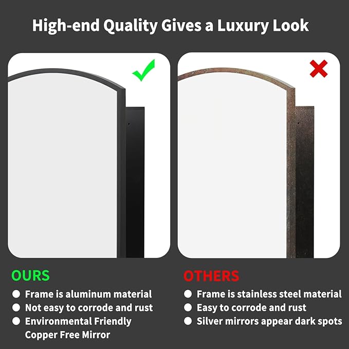 Movo 20 Inch x 31 Inch Black Beveled Arched Aluminum Medicine Cabinet with Mirror, Bathroom Mirror with Storage, Surface Mount or Recess Installation