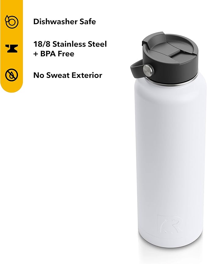 RTIC 40oz Vacuum Insulated Water Bottle, Metal, Stainless Steel, BPA Free, Reusable, Sweat-Proof Flask for Hot and Cold Drinks, Travel, Sports, Camping, White