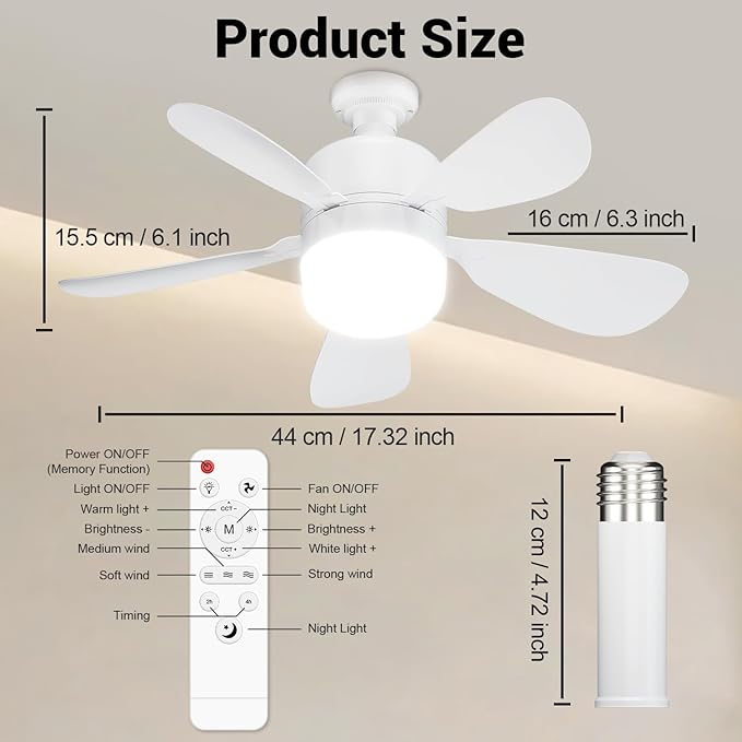JTT Socket Fan Light with Remote - Screw in Ceiling Fan Light LED Bulb Fan with 3 Speed, 3000/4000/6000K Selectable and Adjustable Brightness Settings Socket Fan for Bedroom Living Room Kitchen Garage