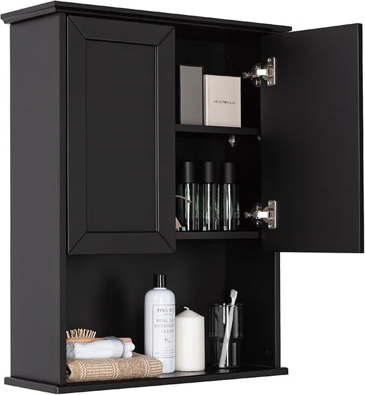 Black Bathroom Wall Cabinet 23x29 inch Wooden Bathroom Medicine Cabinet with 2 Doors and Adjustable Shelf, Wall Mounted Cabinet Over Toilet Storage Cabinet