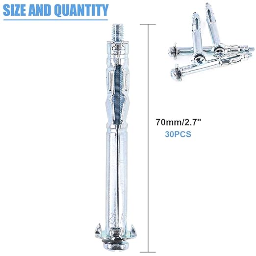 Glarks 30Pcs 4x60MM Heavy Duty Zinc Plated Steel Molly Bolt Hollow Drive Wall Anchor Screws Set for Drywall, Plaster and Tile (M4x60)