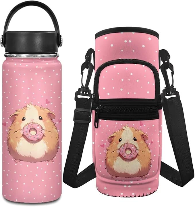 Hamster 18 OZ Reusable Water Bottle for Kids Stainless Steel Water Bottle Insulated Water Bottle Carrier Sling Bag Adjustable Strap