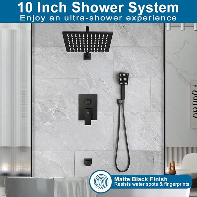 POP SANITARYWARE Matte Black Shower Tub Faucet Set Bathroom Rain Shower System with Tub Spout Wall Mounted Rainfall 10 Inch Shower Head and Handle Set Include Shower Valve and Trim Kit