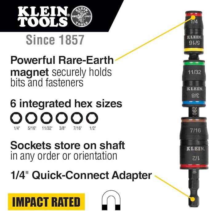 Klein Tools 32907 Impact Driver, 7-in-1 SAE Impact Socket Set, Flip Socket Set with 1/4, 5/16, 11/32, 3/8, 7/16 and 1/2-Inch Nut Driver Sizes and 1/4-Inch Bit Holder, 5-Inch Shaft