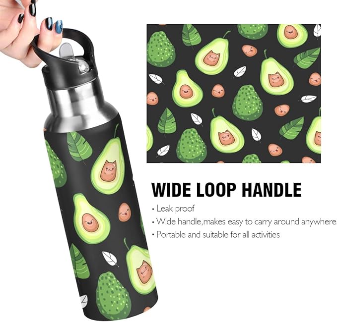 Kawaii Avocado Fruit Water Bottle with Straw Lid for Fitness Gym Camping Outdoor Sports, Wide Mouth Vacuum Insulated 18/8 Stainless Steel, 22 oz