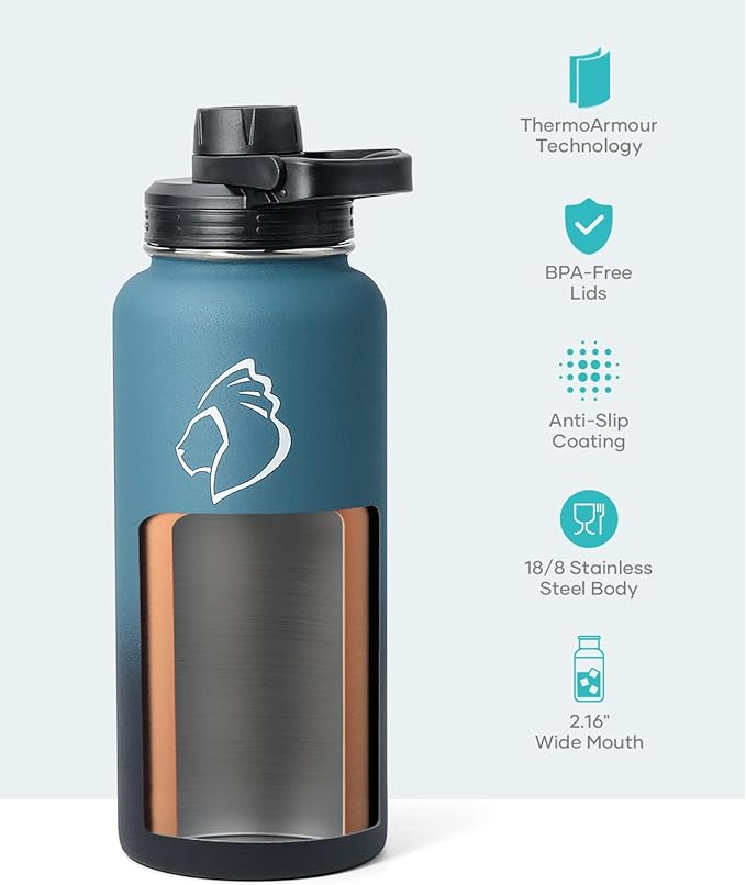 BUZIO Water Bottle with Straw lid, Spout Lid, Hand Lid and Carrying Pouch, 32oz 40oz 64oz Stainless Steel Water Flask Jug, Cold for 48 Hrs Hot for 24 Hrs Double Vacuum Thermo Canteen Mug, BPA-Free