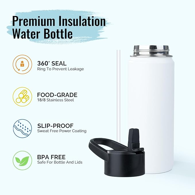 Stainless Steel Water bottle with Straw & Wide Mouth Lid, Wide Rotating Handle, 18oz Double Wall Vacuum Insulated Water Bottle Leak Proof, BPA Free, Keep Cold and Hot, 18oz, White