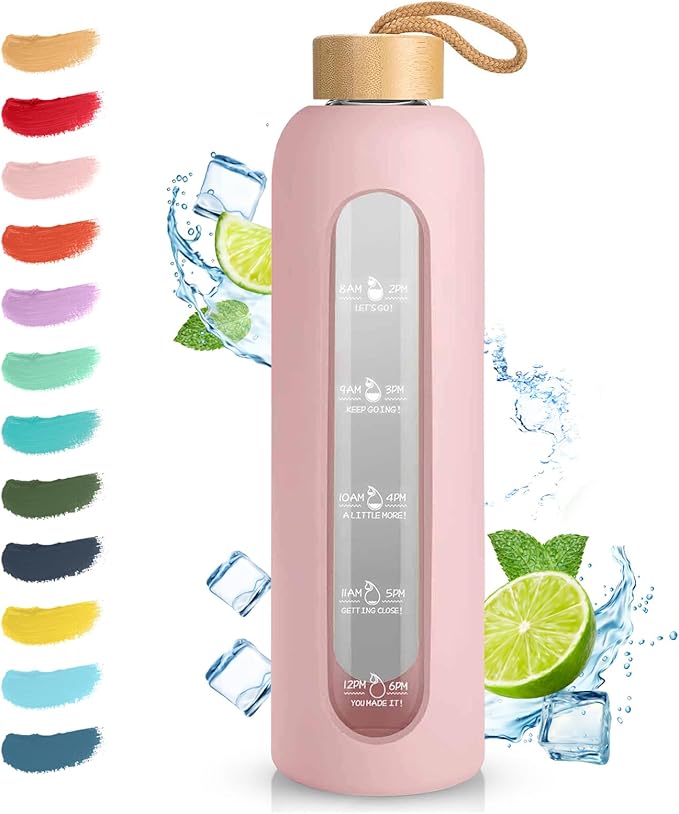 Sursip 32 oz Glass Water Bottle with Time Marker,1 Liter BPA-Free Reusable Motivational Water Bottle with Non-Slip Silicone Sleeve and Bamboo Lid, Ice Cube Tray, Leak-Proof, Dishwasher Safe