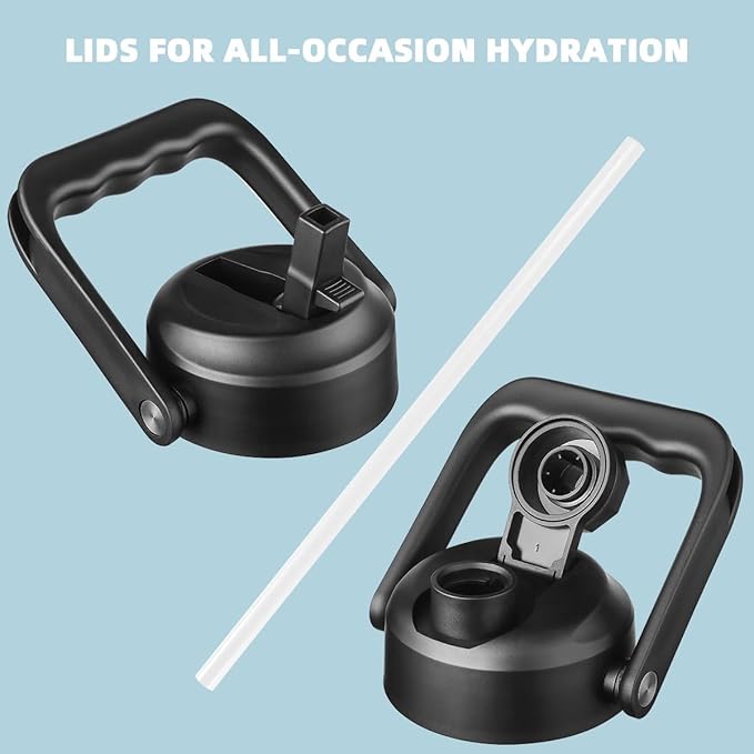 CIVAGO Half Gallon Insulated Water Bottle Jug with Straw, 64 oz Large Stainless Steel Sports Metal Water Flask with Handle, Big Thermal Water Cup Mug with 2 Lids for Camping & Fishing, Black Gray