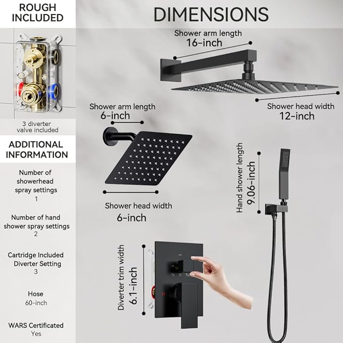 Shower Faucet Set Matte Black Shower System, STARBATH 12+6" Dual Rain Shower Head with Handheld Spray for Two People,Wall Mount Rainfall 3 Way Shower Valve with 5 Diverter and Trim Kit Complete