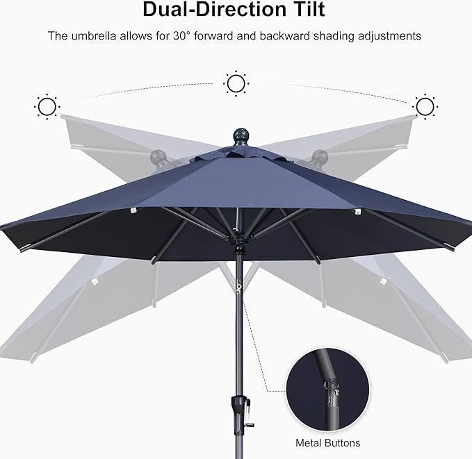 PURPLE LEAF 9' Round Patio Umbrella Outdoor Table Umbrella Aluminum Frame Market Umbrella Sun Umbrella with 8 Sturdy Ribs Tilt for Garden Deck Lawn Pool Navy Blue
