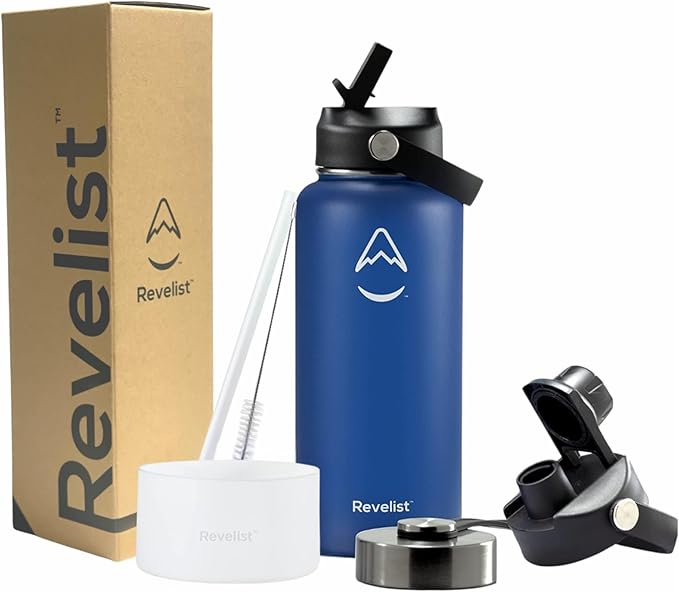 Revelist Sports Water Bottle - 32 Oz, 3 Lids (Straw Lid, Spout & Screw Top) with Boot, Vacuum Insulated Stainless Steel, Double Walled, Reusable Water Flask, Metal Canteen - Blue & White