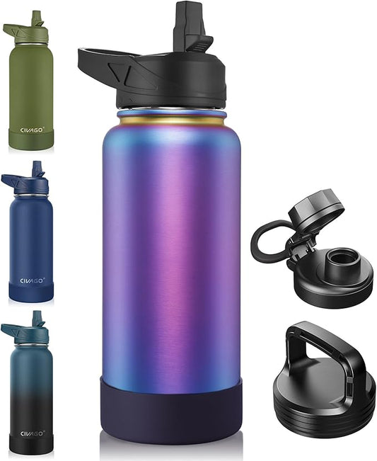 CIVAGO 32 oz Insulated Water Bottle With Straw, Stainless Steel Sports Water Cup Flask with 3 Lids (Straw, Spout and Handle Lid), Wide Mouth Travel Thermal Mug, Dark Aurora