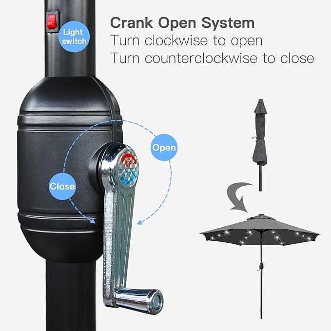 Sunnyglade 9' Solar LED Lighted Umbrella with 8 Ribs Adjustment and Crank Lift System for Patio (Grey)