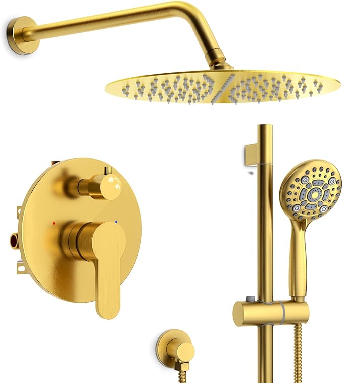 SR SUN RISE 12 Inch Brushed Gold Shower System, Wall-Mount Adjustable 16-Inch Slide Bar with 6-Function Hand Shower Faucet Included Valve and Trim Kit