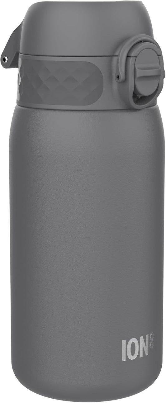 Ion8 Kids Water Bottle, Steel 400 ml/13 oz, Leak Proof, Easy to Open, Secure Lock, Dishwasher Safe, Hygienic Flip Cover, Carry Handle, Easy Clean, Durable, Scratch Resistant, Carbon Neutral, Grey