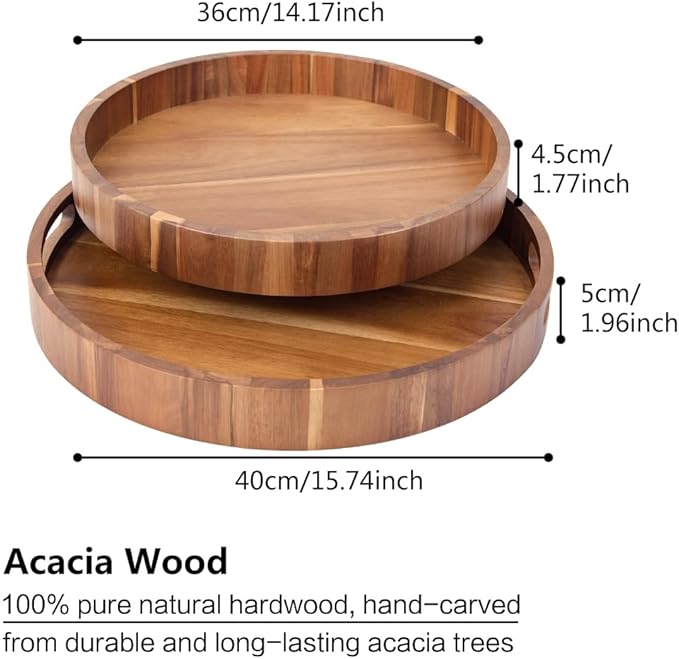 Round Wood Serving Trays Set of 2, Ottoman Tray Rustic Acacia Wooden Trays with Handles, Nesting Circle Tray with 4 Coasters for Coffee Table Living Room Bathroom Bedroom Party
