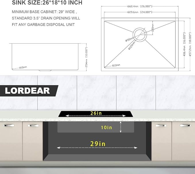 Lordear 26 inch Undermount Kitchen Sinks Stainless Steel Single Bowl Kitchen Sink Undermount 16 Gauge 10" Deep Basin 26x18 In Under Counter Sinks