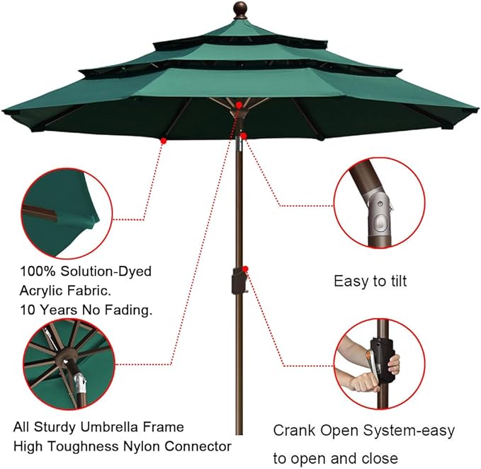 EliteShade USA 10-Year-Non-Fading 9Ft 3 Tiers Market Umbrella Patio Umbrella Outdoor Table Umbrella with Ventilation, Forest Green