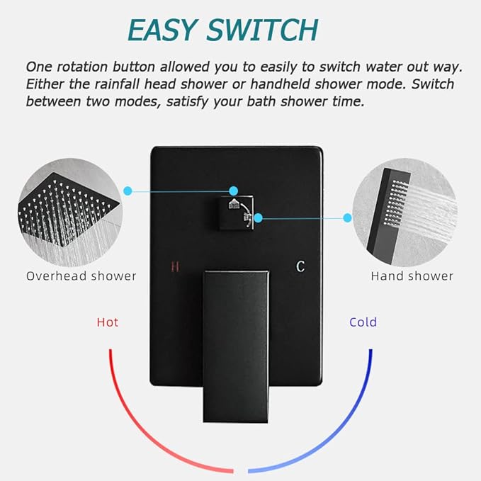 Matte Black Shower System Brass Bathroom Luxury Rain Mixer Shower Combo Set Wall Mounted Rainfall Shower Head System Shower Faucet Rough-in Valve Body and Trim Included