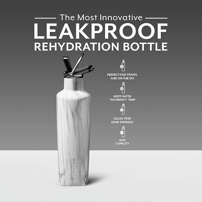 BrüMate ReHydration Mini Kids Water Bottle | 100% Leakproof Insulated Water Bottle for Kids with Straw | Stainless Steel Water Canteen | Perfect Kids Water Bottle for School | 16oz (Carrara)