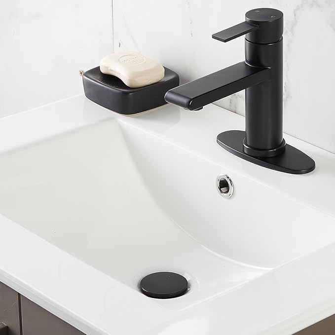 Black Bathroom Faucet Single Hole Bathroom Sink Faucet, Matte Black Single Handle Vanity Basin Faucet with Supply Deck Plate, Modern Farmhouse RV Faucet 1 or 3 Holes