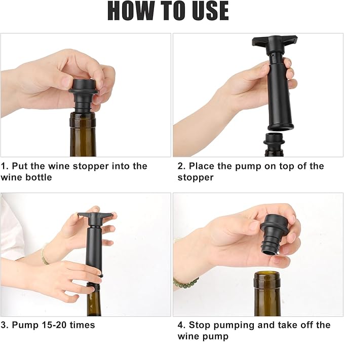 4PCS Wine Bottle Stoppers & A Wine Vacuum Saver Pump, Silicone Leak Proof Wine Stopper Sealer Plug Fit for All Standard Wine Bottles, Wine Preserver Keeps Wine Fresh