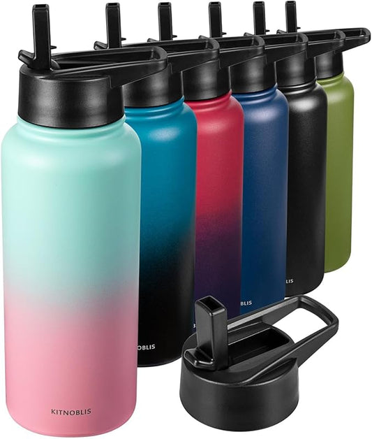 Water Bottle Insulated 32oz Straw Lid, Leak Proof, Vacuum Insulated,Stainless Steel Water Bottle Wide Mouth for Sports, Gym, BPA-Free Keep Cold 24H Hot 12H (Blue Pink)