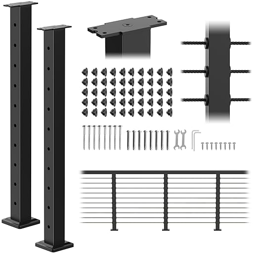 35"x2"x2" Stainless Steel Cable Railing Post 2 Pack, Black Top Mount Level Line Post with Grommets for Deck Railing Systems, Indoor & Outdoor Use, MY08-L