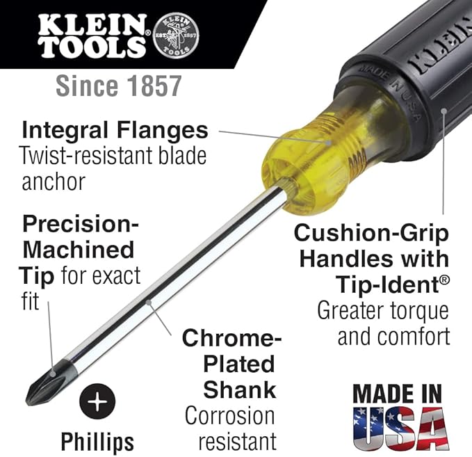 Klein Tools 80031 Screwdriver Set, Made in USA, 5-Piece Kit Includes 2 Slotted, 2 Phillips and 1 Square Tip Screwdriver, Cushion Grip Comfort