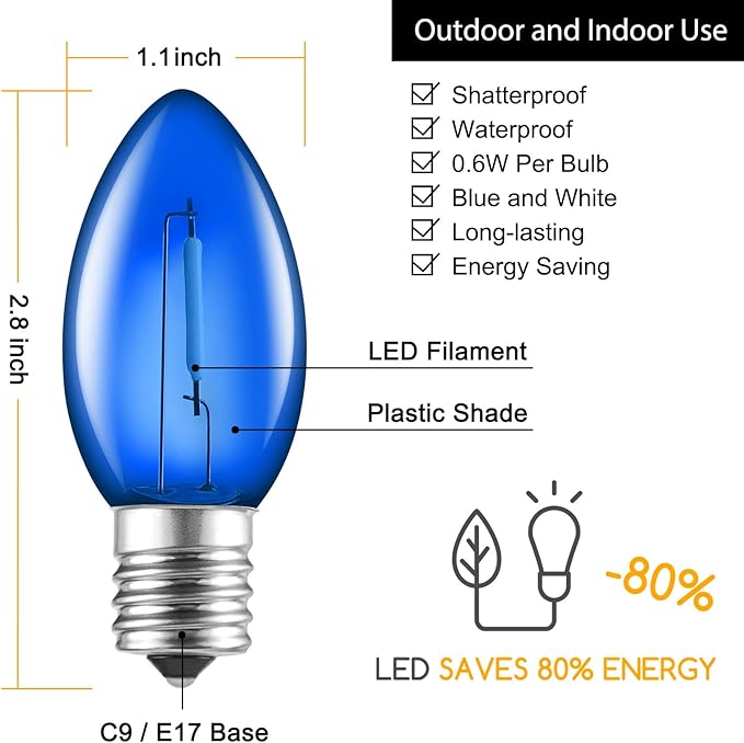 Brightown 25 Pack C9 LED Christmas Light Bulbs, Blue and Pure White Plastic C9 Shatterproof LED Bulbs Replacement for Christmas String Lights, E17 Intermediate Base