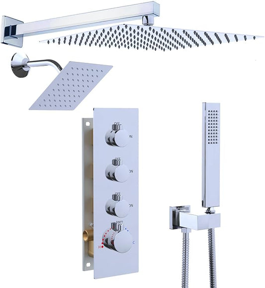Enga Thermostatic Dual Shower System, 12"+6" Wall Mount Dual Rain Shower Faucet, All Functions Use Together & Volume Adjustable, Chrome