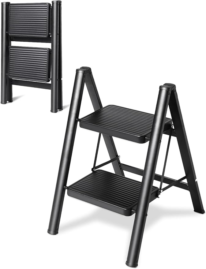 Double Elite Step Ladder 2 Step Folding, Sturdy 330 Lbs Load Folding Step Stool for Adults, Safer Full Steel Frame, Multi-use Closet/Home Kitchen Small Step Ladder with Wide Pedals, Black