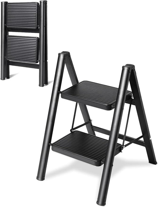 Double Elite Step Ladder 2 Step Folding, Sturdy 330 Lbs Load Folding Step Stool for Adults, Safer Full Steel Frame, Multi-use Closet/Home Kitchen Small Step Ladder with Wide Pedals, Black