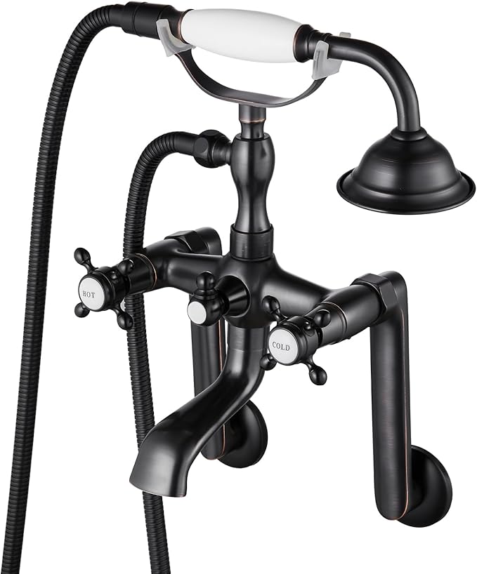 gotonovo Clawfoot Bathtub Faucet Tub Filler with Hand Held Shower Faucet Set Victorian Double Cross Handle 6 Inch Center Adjustable Swing Arms Tub Mount Long Adapter Oil Rubbed Bronze