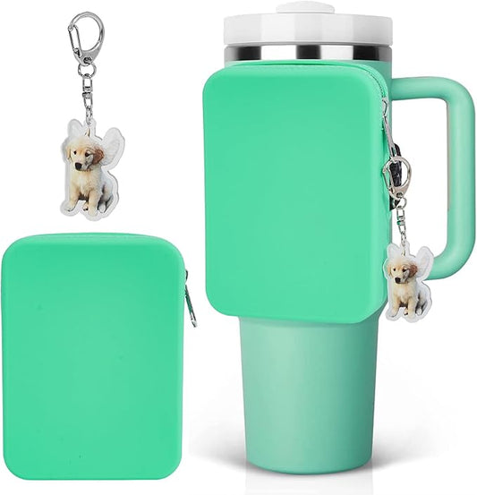 Water Bottle Pouch for Stanley Tumbler,Silicone Waterproof Fanny Pack for Stanley Cup 30/40oz Universal,Large Capacity Durable Tumbler Pouch-Mint Green