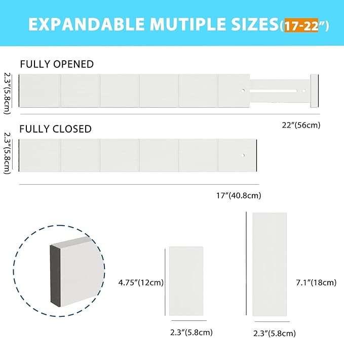 6 Pack Bamboo Drawer Dividers with 12 Inserts, Expandable Adjustable Clothes Drawer Organizers and Storage from 17" to 22" for Kitchen, Bedroom, Dresser, Cosmetics (White)
