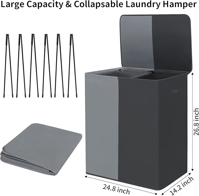 WOWLIVE Double Laundry Baseket with Lid and Removable Laundry Bags,154L Large Laundry Hamper 2 Section Collapsible Dirty Clothes Hamper for Laundry Room,College Dorm,Bathroom, Black and Grey