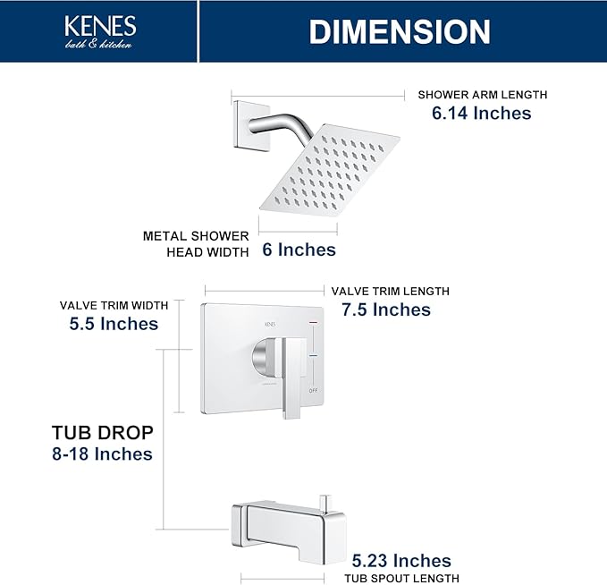 KENES Polished Chrome Tub and Shower Trim Kit, Modern Shower Faucet with Single-Spray Square Stainless Rain Shower Head, Shower Trim Chrome, KE-6025A-5 (Shower Valve Included)